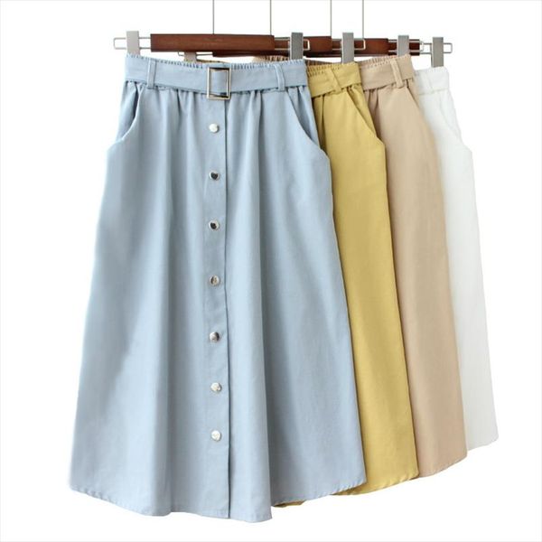 

korean women cotton skirts for summer midi solid skirt student 2020 buttons elasitc high waist with belt a line pockets falda, Black