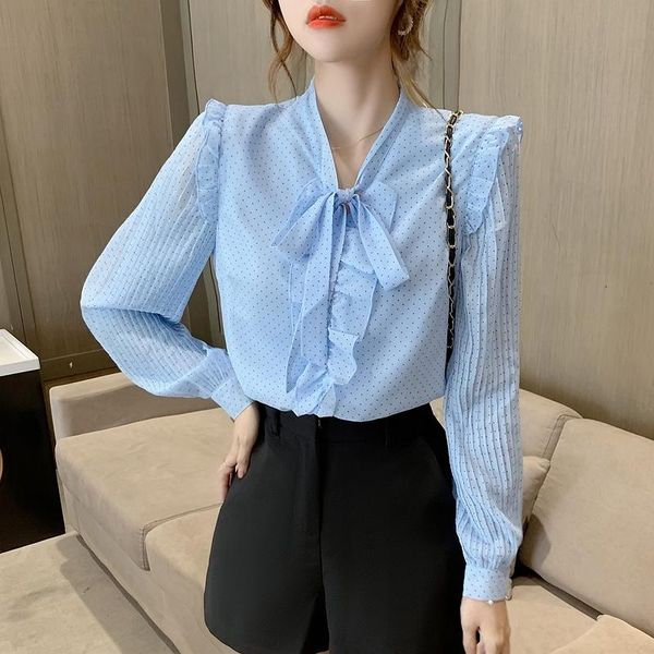 

women's blouses & shirts blusas mujer de moda 2021 autumn fashion point bow neck lantern long sleeve chiffon shirt women blouse 957b, White