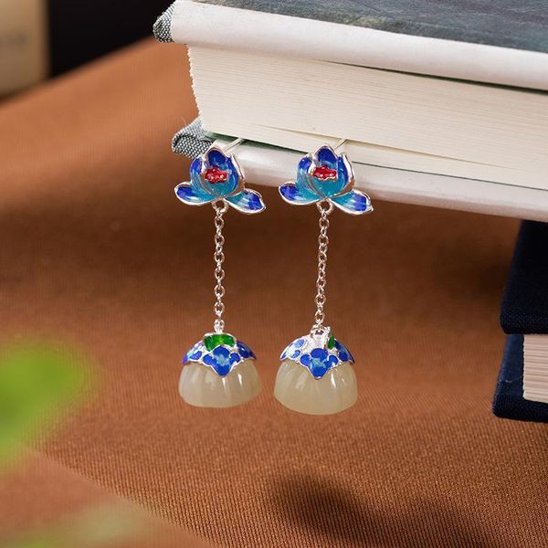 

natural hetian jade lotus long small tassel earrings chinese retro national style elegant light luxury women's jewelry, Silver