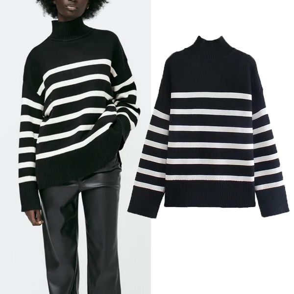 

za fashion elegant high ne loose striped bla women sweater pullover 2021 autumn new sweater street chic youth women sweater, Black