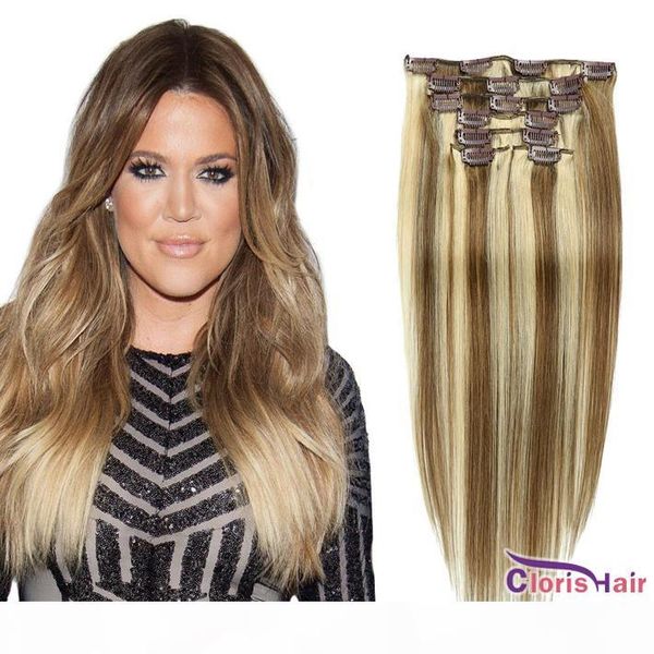 

panio color 8 613 natural human hair clip in extensions full 70g 100g silky straight brazilian remy highlight brown blonde weave clip ins, Black;brown