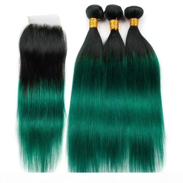 

peruvian dark green ombre human hair weaves with closure #1b green black roots ombre straight human hair 3bundles with lace closure 4x4, Black;brown