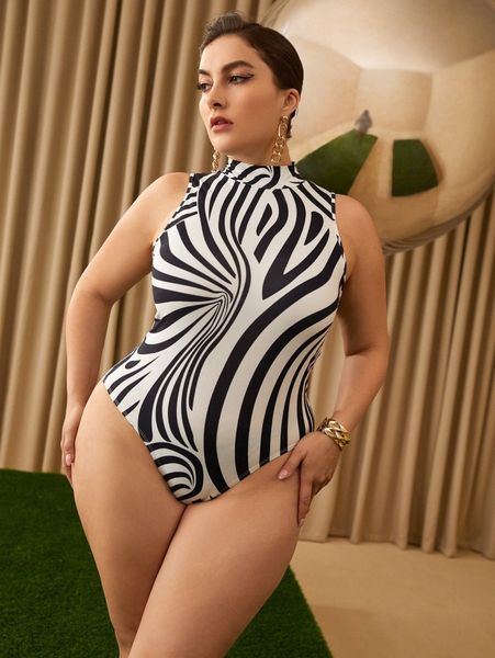 

plus mock neck zebra stripe print bodysuit h8pb#, Black