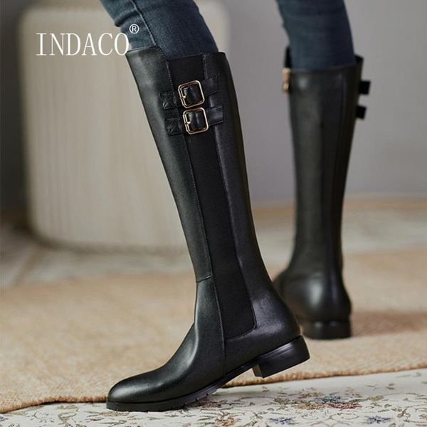 

2020 leather winter boots women knee high boots metal buckle round toe thigh high low heel side zipper plus size 43, Black