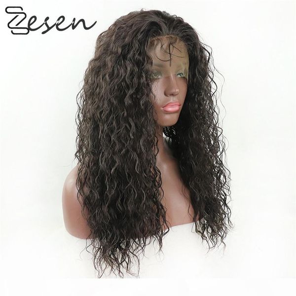 

zesen13x4dark brown synthetic lace front wigs loose curly long hair resistant glueless with natural hairline for women baby hair, Black