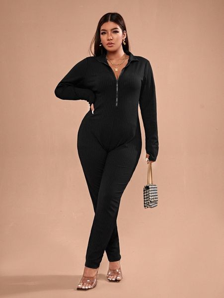 

plus zip front ribbed knit jumpsuit h3yk#, Black