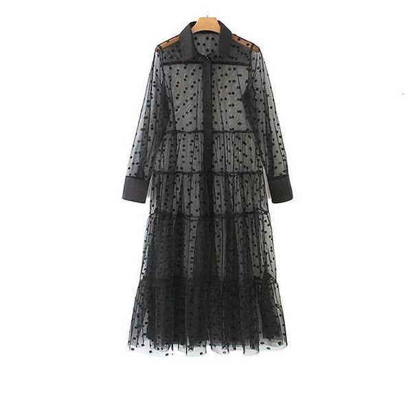 

women stylish polka dot patchwork transparent midi shirt dress long sleeve female chic mesh dresses vestidos, Black;gray