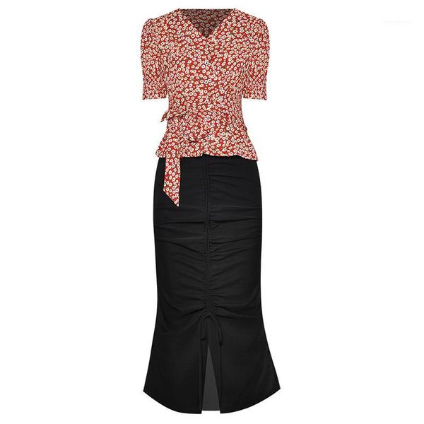 

2pcs set summer outfit red / blue floral blouses v neck half sleeve sash belt crop + drawstring ruched tight midi skirt1, Gray