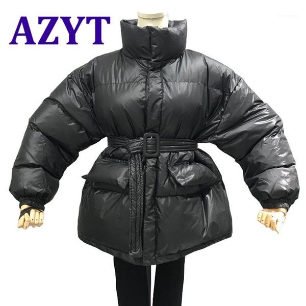 

azyt korean loose winter jacket for women 2020 thicken warm solid women parkas casual streetwear cotton down jacket with belt1, Black