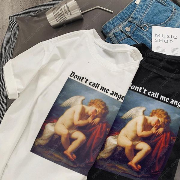 

don't call me angel cute angel casual girls vintage loose harajuku hip-hop ulzzang women letter cartoon summer chic t-shirt, White