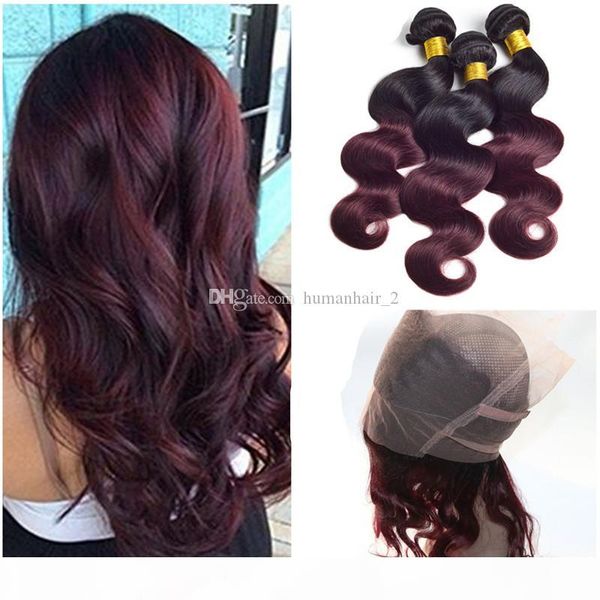 

dark roots burgundy 360 lace frontal closure with hair bundles two tone 1b 99j ombre body wave virgin hair with 360 lace frontal, Black;brown