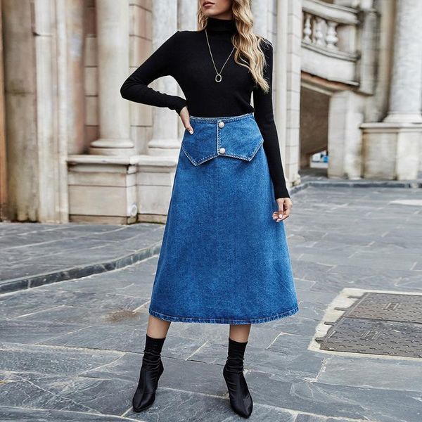 

skirt fashion stitching pearl button denim long autumn and winter women casual slim loose solid color elegant thicken all match, Black