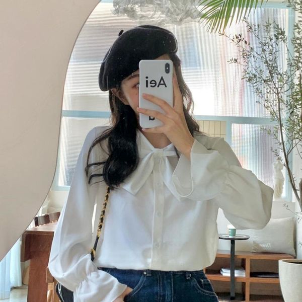 

new fashion women sweet bow tie neck ruffles chiffon shirts full sleeve loose blouse ladies casual solid for 20201, White