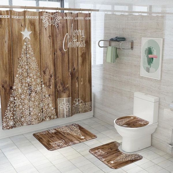 Tende da doccia Buon Natale Set da bagno Copriwater Tappeti antiscivolo Tappetini da bagno Happy Year Festival Decoration