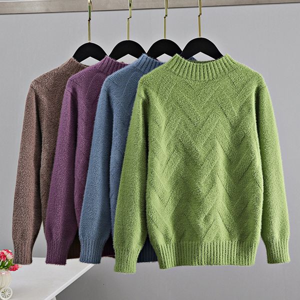 

gigogou geomatric mink cashmere women's sweater korea style elegant thick warm turtlenecks fall winter soft female jumper top