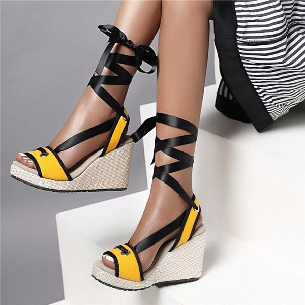 

summer sandals women shoes wedge cross lace-up sandals platform heels party shoes high heel ladies big size 34-43, Black