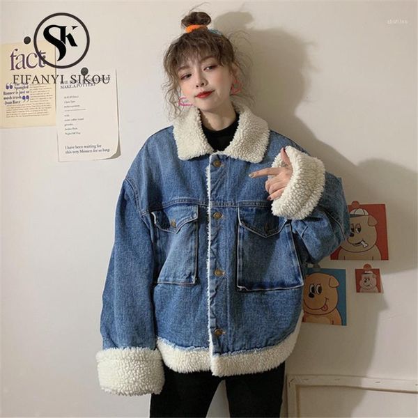 

women's jackets 2021 winter women denim jacket lambs wool coat thick warm loose outwear fashion jeans korean style casual jackets1, Black;brown