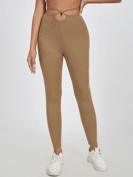 

solid criss cross tie back cut out leggings w5wl#, Black