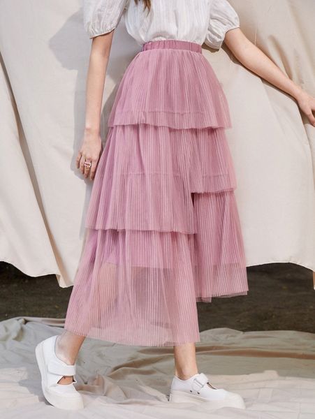 

layered stepped hem pleated mesh skirt k1ut#, Black