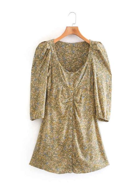 

button fall style 2020 flower new print pleated slim mini dress 8342905, Black;gray