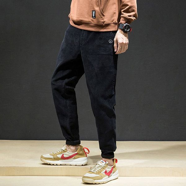 

2021 new autumn newly designer fashion men jeans loose fit casual corduroy harem pants streetwear hip hop wide leg trousers btw, Blue