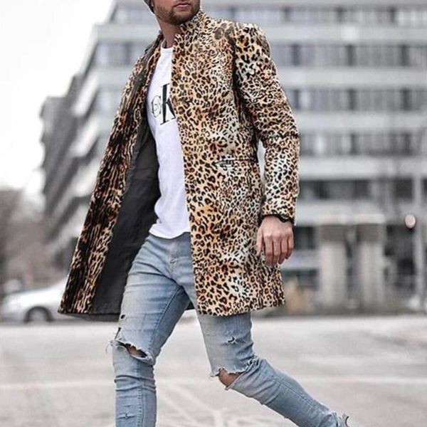 

leopard printed stylish long overcoats for mens trench coats fashion trendy clothes winter stand mandarin collar texture jackets, Tan;black