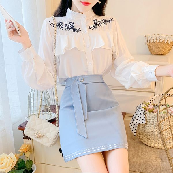 

dbaoc осень высокой моды новый горнолыжный воротник стоя 2020 aline платье рубашки вышитые shirtruffled с длинным рукавом рубашки вышитые та, Gray