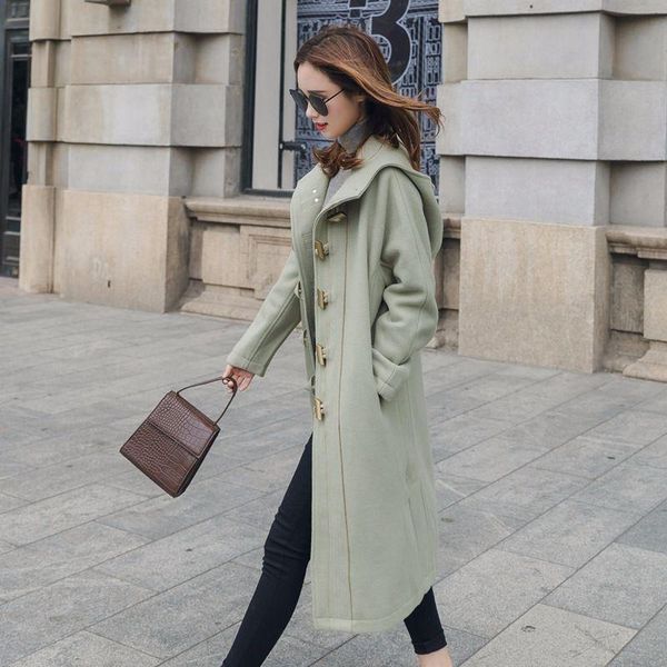 

women's wool & blends casual fashion women long blend coat loose solid cashmere jacket pockets horn buckle ladies coats, Black