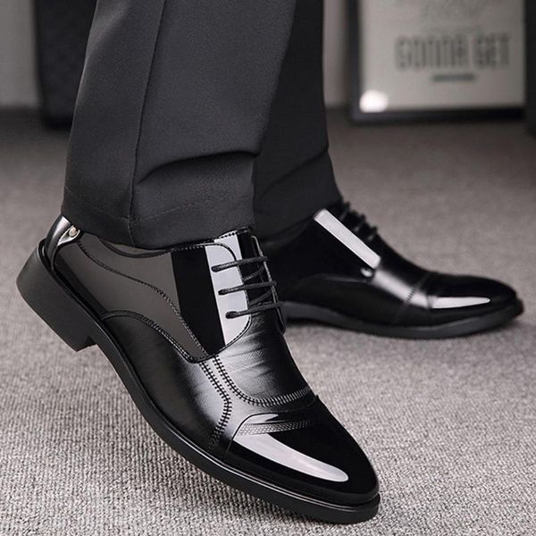 

men vintage leather formal shoes solid color business shoes wedding dress party office lace up chaussure homme#, Black