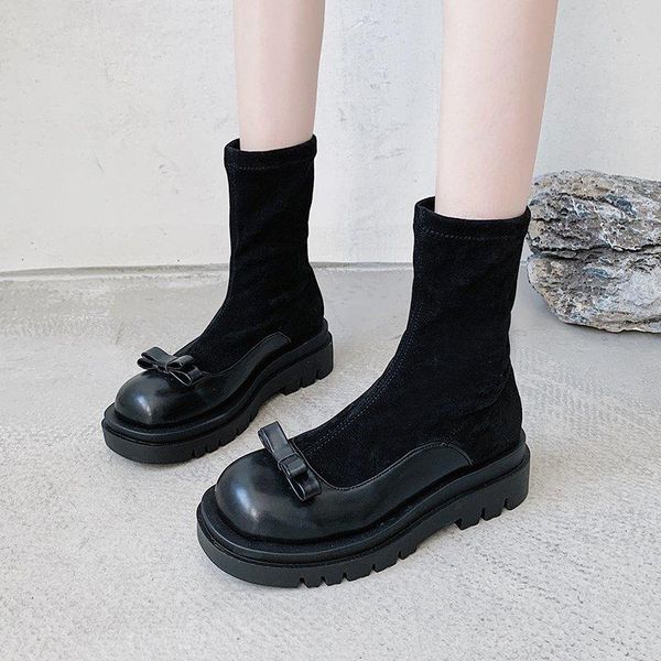 

женские сапоги mid calf boots - женская обувь пинетки женские женские зимние обувь плоский каблук круглый носок 2020 лолита осень, Black