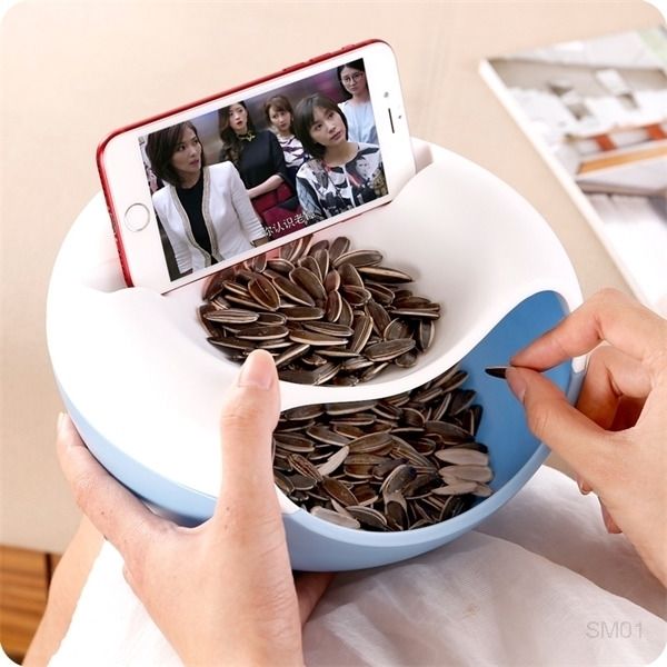 

creative plastic food plate with double layer peel for nuts fruit seeds snack bowl phone holder storage