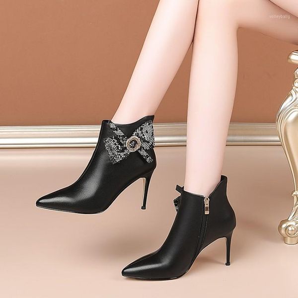 

mljuese 2021 women ankle boots cow leather winter short plush pointed toe zipper butterfly-knot high heels female boots size 391, Black