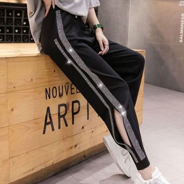 

2020 summer woman pants new korean style high waist casual joggers women fashion rhinestone elastic waist nine point harem pants, Black;white