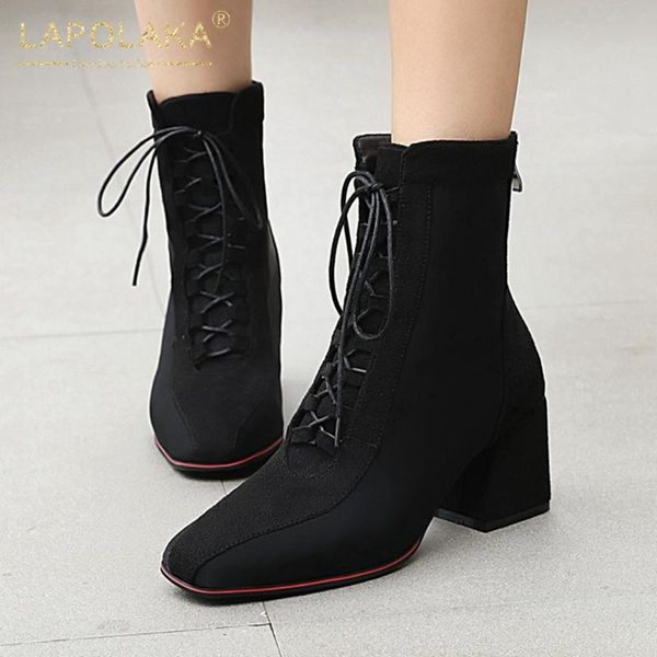 

lapolaka 2020 new design square heels concise shoes woman boots female zip up cross-tied ankle boots ladies footwear, Black