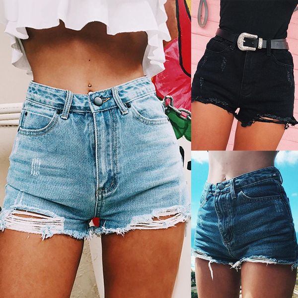 

fashion female ripped frayed hole high waist denim shorts summer women lady casual loose streetwear jeans perfect summer daily, White;black