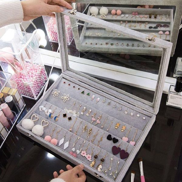 

clear lid earrings organizer holder velvet jewelry tray display showcase storage 32 64 earring box lockable solid color simple, Pink;blue