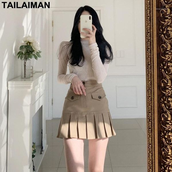 

autumn high waist female temperament was thin korean version ins solid color retro fake pocket simple bag hip pleated skirt1, Black