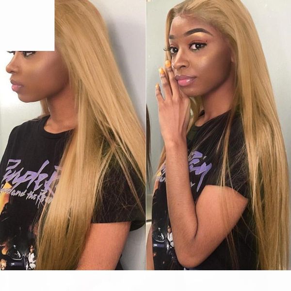 

silky straight #27 13x6 lace front wigs for black women virgin brazilian honey blonde hair glueless full lace human hair wigs baby hair, Black;brown