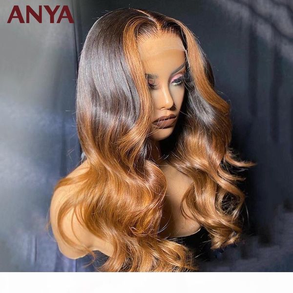

anya ombre 30 colored body wave transparent lace front pre plucked wig peruvian virgin human hair wigs for black women, Black;brown