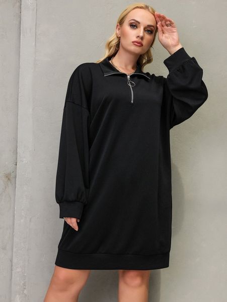 

plus solid half zip drop shoulder sweatshirt dress t47y#, Black