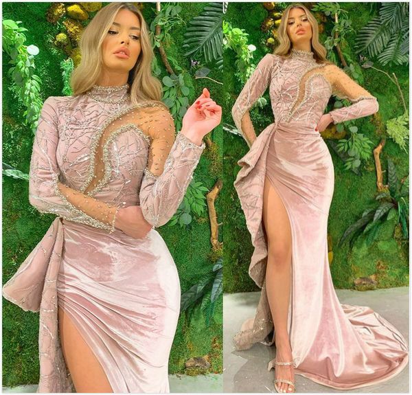 

aso ebi arabic mermaid beaded crystals evening dresses high split prom dresses velvet formal party second reception gowns zj266, Black