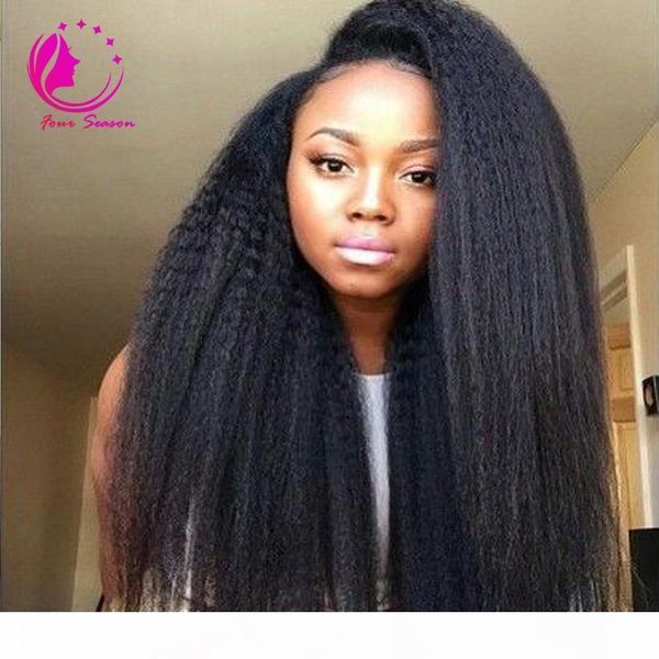 

unprocessed virgin lace front kinky straight wig mongolian glueless afro kinky straight lace front wigs for black women, Black;brown