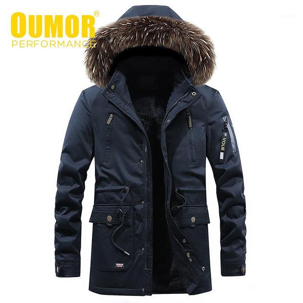 

oumor 2020 men winter long casual fur collar hooded jacket parkas men new outfit fashion warm fleece thick cotton coat parka1, Black