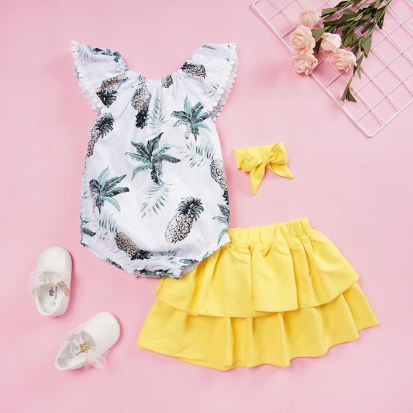 

clothing sets 3pcs 3-24m baby summer cotton casual clothes set fashion kid girls print rompers+solid color skirts+bowknot hairband#371, White