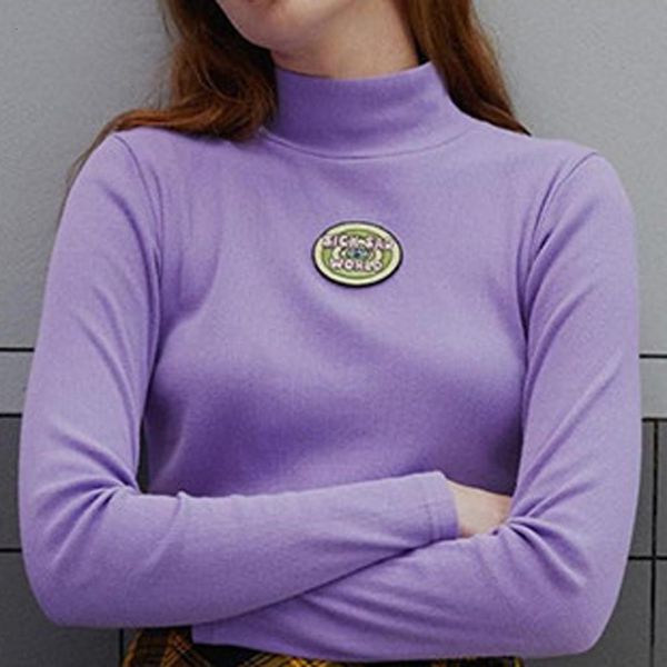 

women harajuku sweater letter embroidery turtleneck purple jumper long sleeve autumn modis short kawaii sueter feminino#3s, White;black
