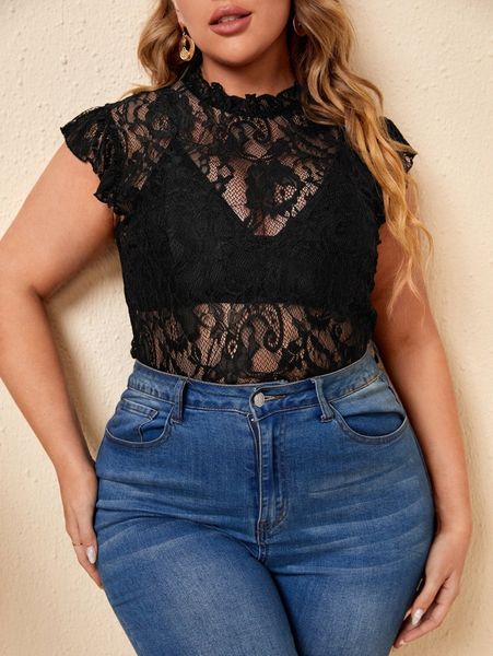 

plus mock neck floral lace panel sheer without bra c7m8#, Black
