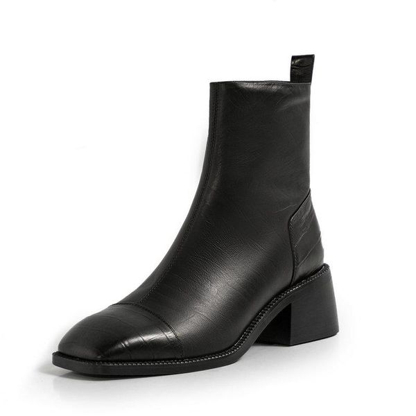 

real cow leather 5cm high heels boots ladies dress boots zipper round toe ankle autumn winter winter shoes woman, Black