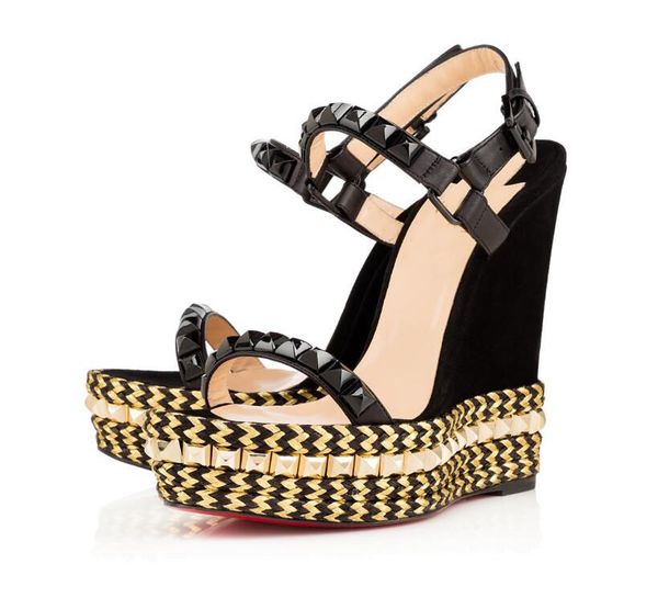 

new arrival womens red bottom real leather wedge cataclou sandals gold patent leather studded ladies ankle strap plarform high heel shoes, Black