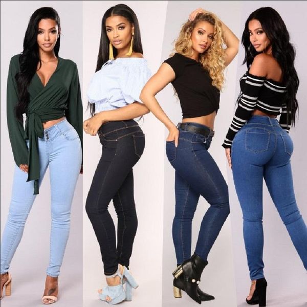 

2020 solid wash skinny jeans woman high waist push up stretch slim femme denim pencil pants sale items wholesale clothing, Blue