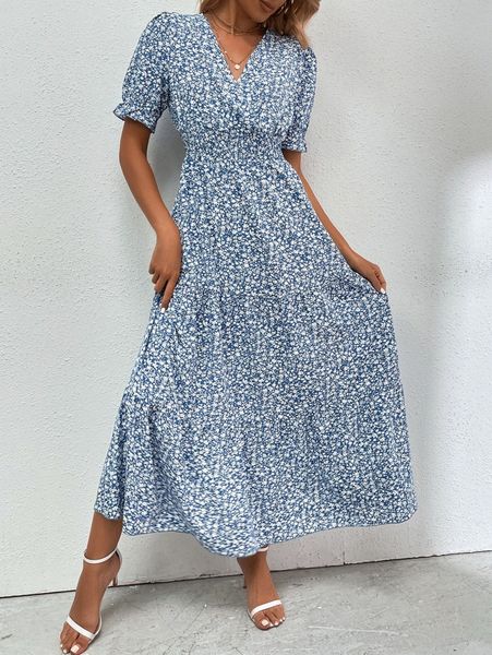 

ditsy floral puff sleeve shirred waist ruffle hem dress p3gv#, Black;gray